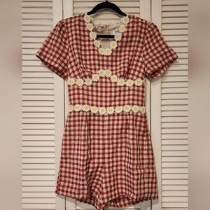 Unique Vintage Red Gingham Daisy Romper
